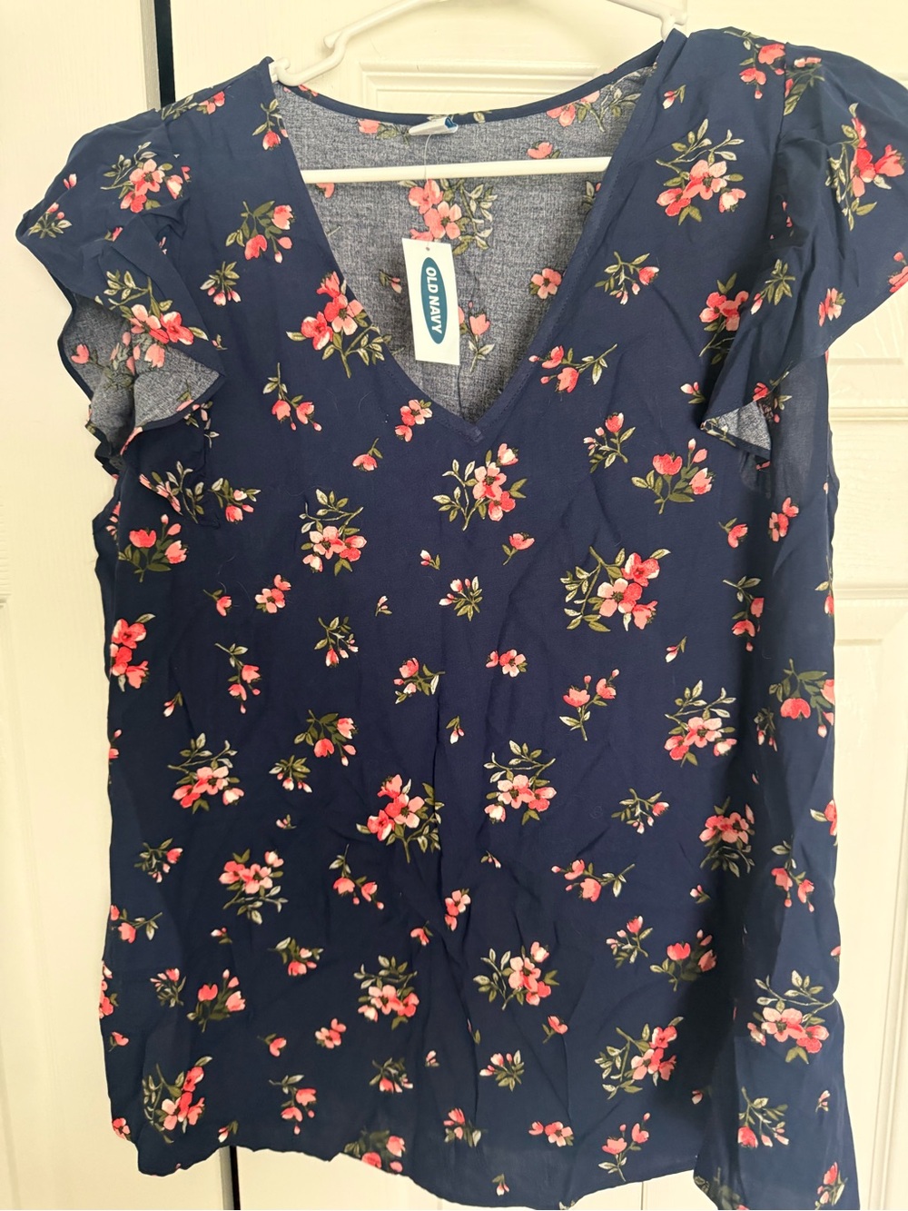 Old Navy Navy Floral V-Neck Ruffle Sleeve Blouse